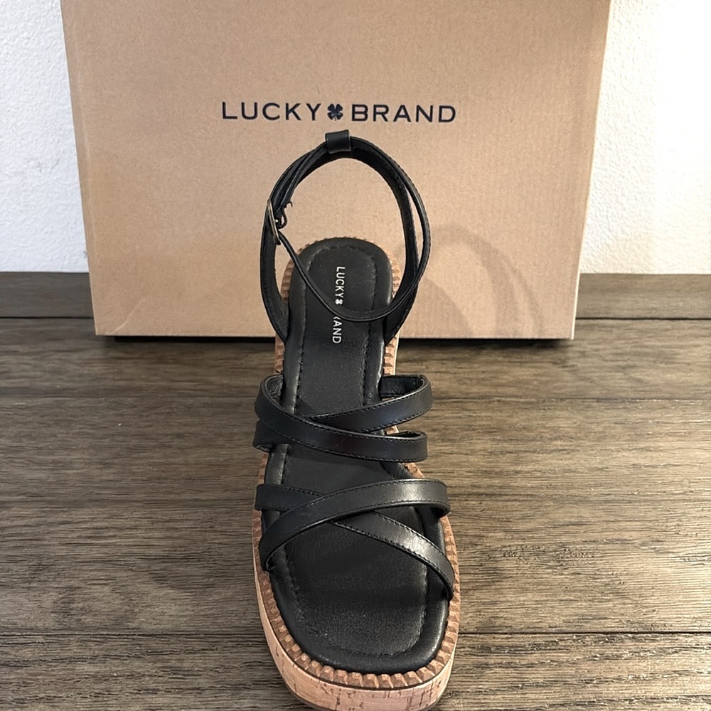 ❌SOLD❌ NIB [Lucky] Taiza Black Strappy Leather Heel Platform Sandals Women’s 8.5 - Picture 5 of 16